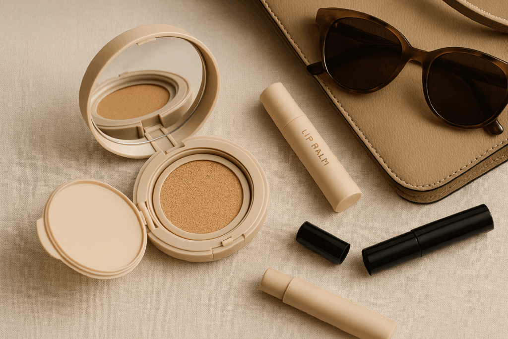 Open compact cushion foundation placed on a vanity next to everyday beauty essentials like lip balm and mascara, styled with a soft, feminine aesthetic to showcase portable and on-the-go makeup convenience.